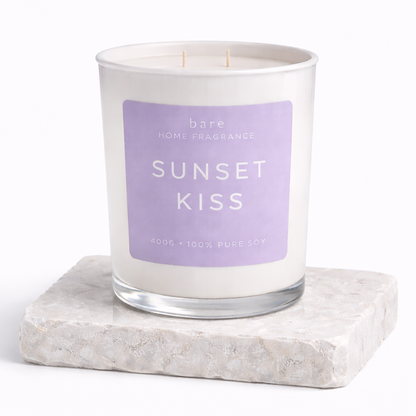 Sunset Kiss soy candle in clear glass jar with pastel label perfume inspired cloud perfume